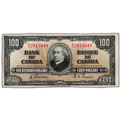 SOLD $100 1937 Bank of Canada Note Gordon-Towers B/J Prefix BC-27b - Trimmed