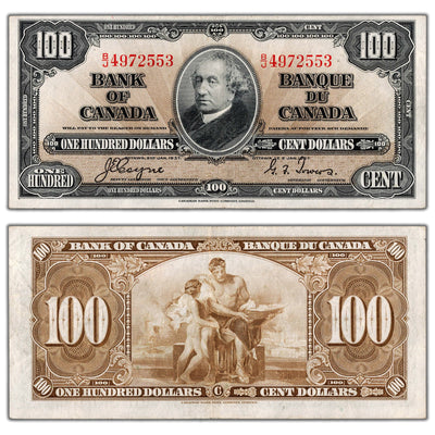SOLD $100 1937 Bank of Canada Note Coyne-Towers B/J Prefix BC-27c - EF (pressed)