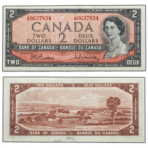 SOLD $2 1954 Bank of Canada Note Beattie-Rasminsky V/R Prefix BC-38b - EF/AU