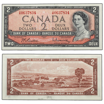 SOLD $2 1954 Bank of Canada Note Beattie-Rasminsky V/R Prefix BC-38b - EF/AU