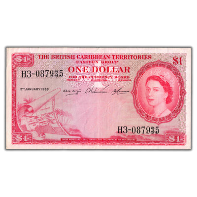 British Caribbean Territories 1958 $1 One Dollar Note P #7c - VF/EF