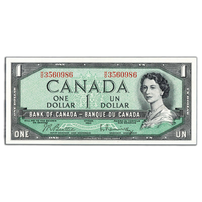 SOLD $1 1954 Bank of Canada Note Beattie-Rasminsky H/O Prefix BC-37b - Abt. UNC