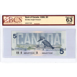 SOLD $5 1986 Bank of Canada Note Knight-Thiessen ANK Prefix BC-56d - BCS Ch UNC-63