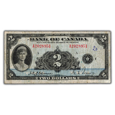 SOLD $2 1935 Bank of Canada Note English Text BC-3 - Writing/Faded Stamp on Back