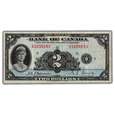SOLD $2 1935 Bank of Canada Note English Text BC-3 - VF