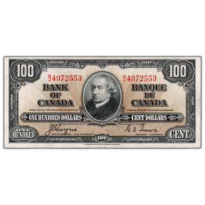 SOLD $100 1937 Bank of Canada Note Coyne-Towers B/J Prefix BC-27c - EF (pressed)