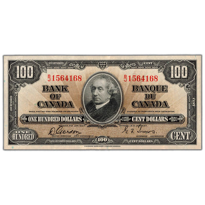 SOLD $100 1937 Bank of Canada Note Gordon-Towers B/J Prefix BC-27b - AU