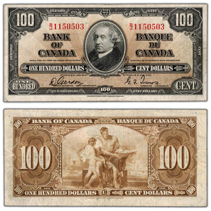 SOLD $100 1937 Bank of Canada Note Gordon-Towers B/J Prefix BC-27b - VF