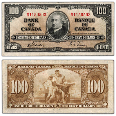 SOLD $100 1937 Bank of Canada Note Gordon-Towers B/J Prefix BC-27b - VF