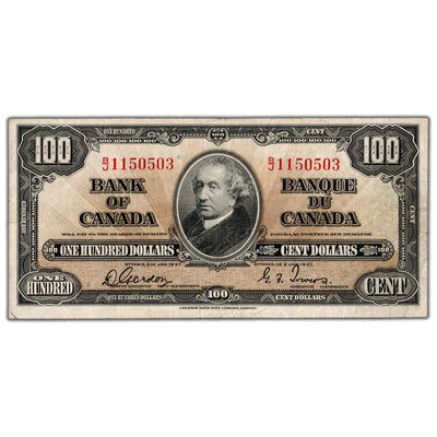 SOLD $100 1937 Bank of Canada Note Gordon-Towers B/J Prefix BC-27b - VF