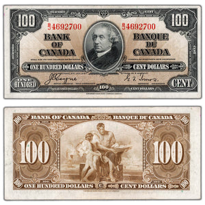 SOLD $100 1937 Bank of Canada Note Coyne-Towers B/J Prefix BC-27c - EF+