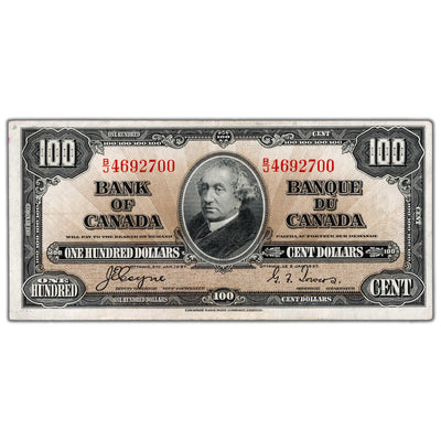 SOLD $100 1937 Bank of Canada Note Coyne-Towers B/J Prefix BC-27c - EF+