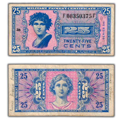 SOLD United States Military Payment Certificate Series 541 25 Cents Note P #M38 - Writing