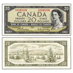 SOLD $20 1954 Bank of Canada Note Beattie-Rasminsky F/W Prefix BC-41b - AU