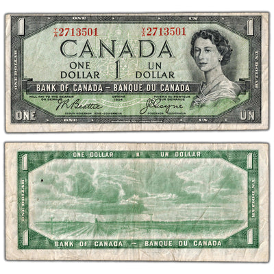 SOLD $1 1954 Bank of Canada Note Beattie-Coyne Y/A Prefix BC-37a - Staple Hole
