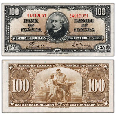 SOLD $100 1937 Bank of Canada Note Coyne-Towers B/J Prefix BC-27c - EF/AU