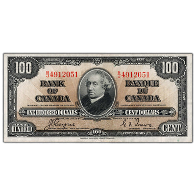 SOLD $100 1937 Bank of Canada Note Coyne-Towers B/J Prefix BC-27c - EF/AU