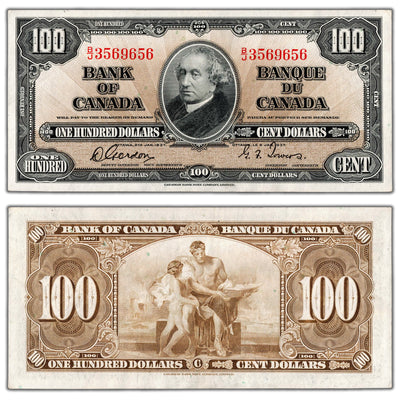 SOLD $100 1937 Bank of Canada Note Gordon-Towers B/J Prefix BC-27b - AU