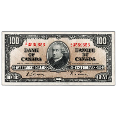 SOLD $100 1937 Bank of Canada Note Gordon-Towers B/J Prefix BC-27b - AU