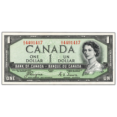 $1 1954 Bank of Canada Note Devil Face B/A Prefix BC-29a - AU/UNC