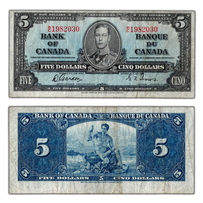 $5 1937 Bank of Canada Note Gordon-Towers W/C Prefix BC-23b - F/VF