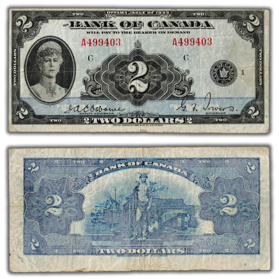 SOLD $2 1935 Bank of Canada Note English Text BC-3 - Back Faded