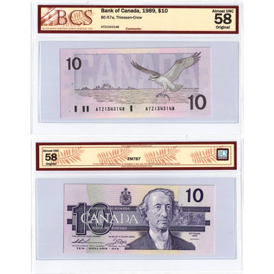 SOLD $10 1989 Bank of Canada Note Thiessen-Crow ATZ Prefix BC-57a - BCS AU-58