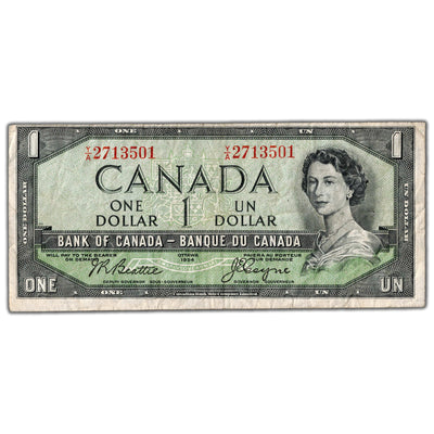 SOLD $1 1954 Bank of Canada Note Beattie-Coyne Y/A Prefix BC-37a - Staple Hole