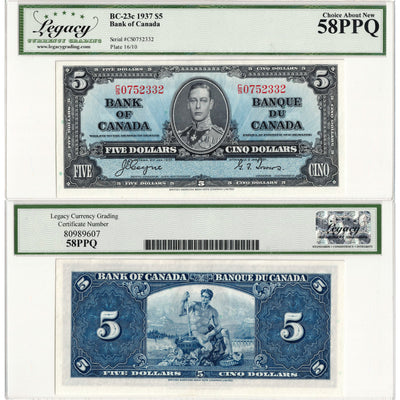 $5 1937 Bank of Canada Note Coyne-Towers C/S Prefix BC-23c - Legacy AU-58 PPQ