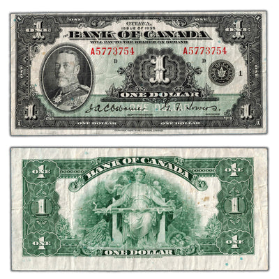 SOLD $1 1935 Bank of Canada Note English Text Letter 'A' BC-1 - F/VF