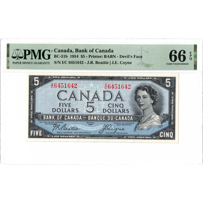 SOLD $5 1954 Bank of Canada Note Devil Face I/C Prefix BC-31b - PMG Gem UNC-66 EPQ
