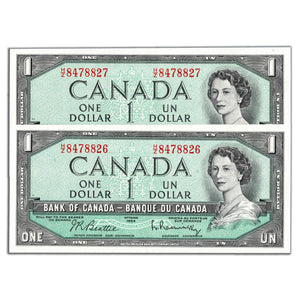 SOLD $1 1954 Bank of Canada Notes H/Z Prefix BC-37b-i - 2 Consecutive