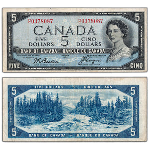 SOLD $5 1954 Bank of Canada Note Devil Face H/C Prefix BC-31b - VF (cleaned)