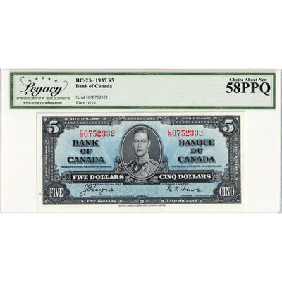 $5 1937 Bank of Canada Note Coyne-Towers C/S Prefix BC-23c - Legacy AU-58 PPQ