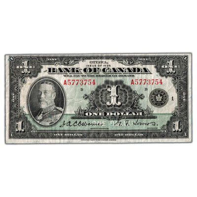 SOLD $1 1935 Bank of Canada Note English Text Letter 'A' BC-1 - F/VF