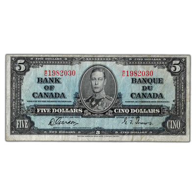 $5 1937 Bank of Canada Note Gordon-Towers W/C Prefix BC-23b - F/VF