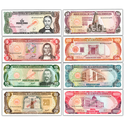 Dominican Republic 1978 1-1000 Pesos 8-Note Specimen Set - Low Serial #4