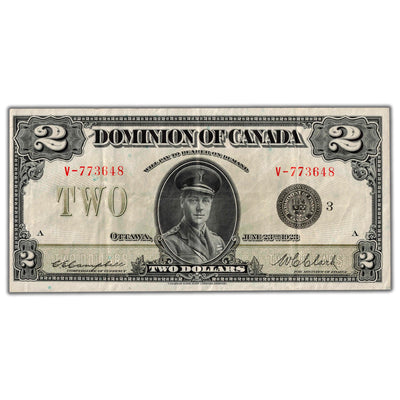 SOLD $2 1923 Dominion of Canada Note Black Seal Series V DC-26k - Nice VF