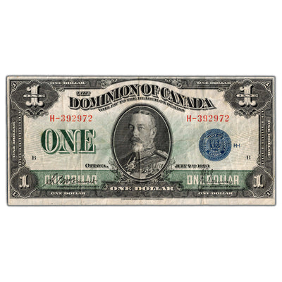 $1 1923 Dominion of Canada Note Blue Seal Series H DC-25c - VF