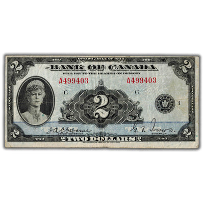SOLD $2 1935 Bank of Canada Note English Text BC-3 - Back Faded