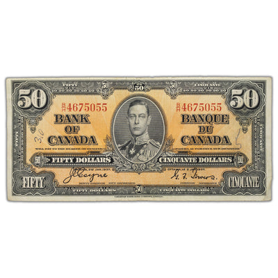 SOLD $50 1937 Bank of Canada Note Coyne-Towers B/H Prefix BC-26c - Writing