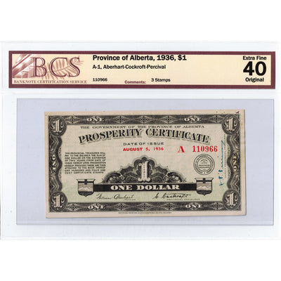 $1 1936 Province of Alberta Prosperity Certificate Note 3 Stamps A-1 - BCS EF-40