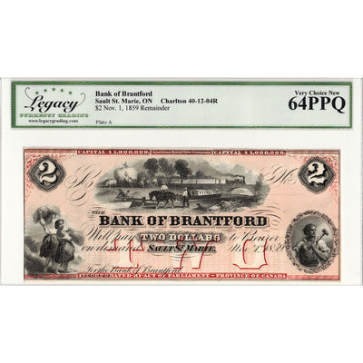 SOLD $2 1859 Bank of Brantford Chartered Remainder Note #40-12-04R - Legacy UNC-64 PPQ