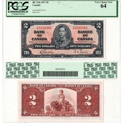 $2 1937 Bank of Canada Note Gordon-Towers X/B Prefix BC-22b - PCGS UNC-64