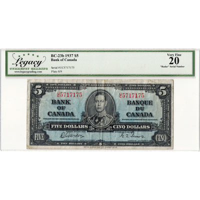 $5 1937 Bank of Canada Note Radar Serial 5717175 BC-23c - Legacy VF-20
