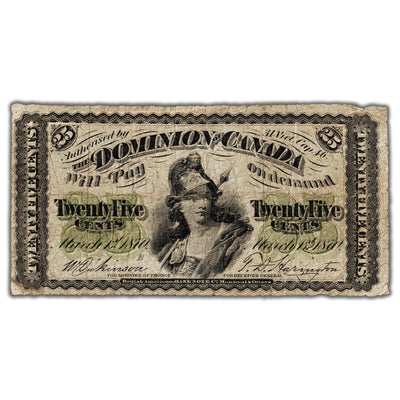 25 Cents 1870 Dominion of Canada Shinplaster Note Letter 'B' DC-1b - Fine (pinholes)