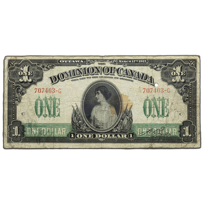 SOLD $1 1917 Dominion of Canada Note Green Line Series G DC-23a - Stain/Hole