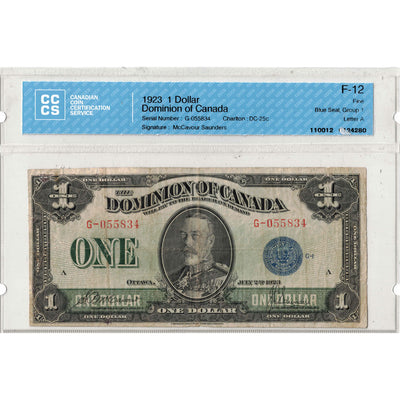 SOLD $1 1923 Dominion of Canada Note Blue Seal Series G DC-25c - CCCS F-12
