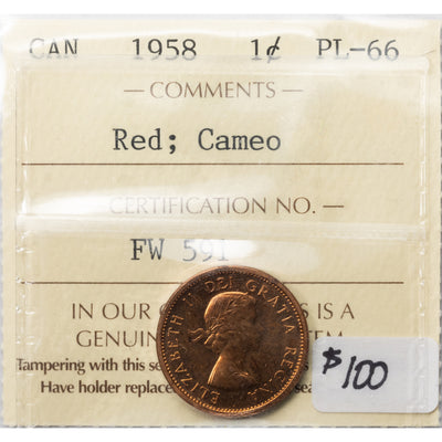 SOLD Canada 1958 1 Small Cent Coin - ICCS PL-66 Red Cameo