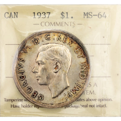 Canada 1937 $1 Silver Dollar Coin - ICCS MS-64